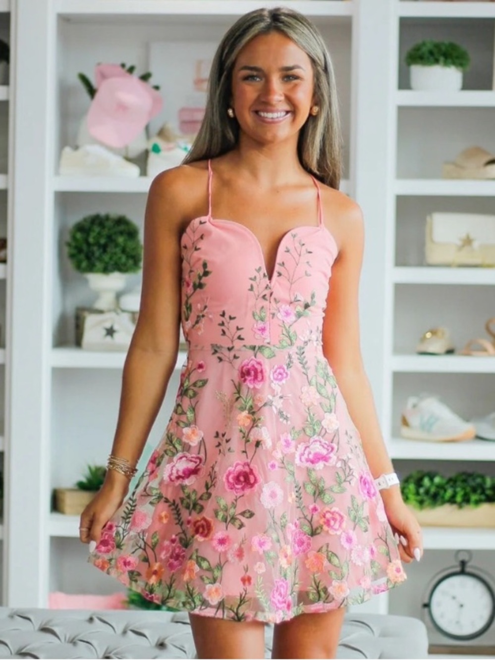 Fore Size M Rose Pink Floral Embroidered Prom homecoming Party Dress sweetheart